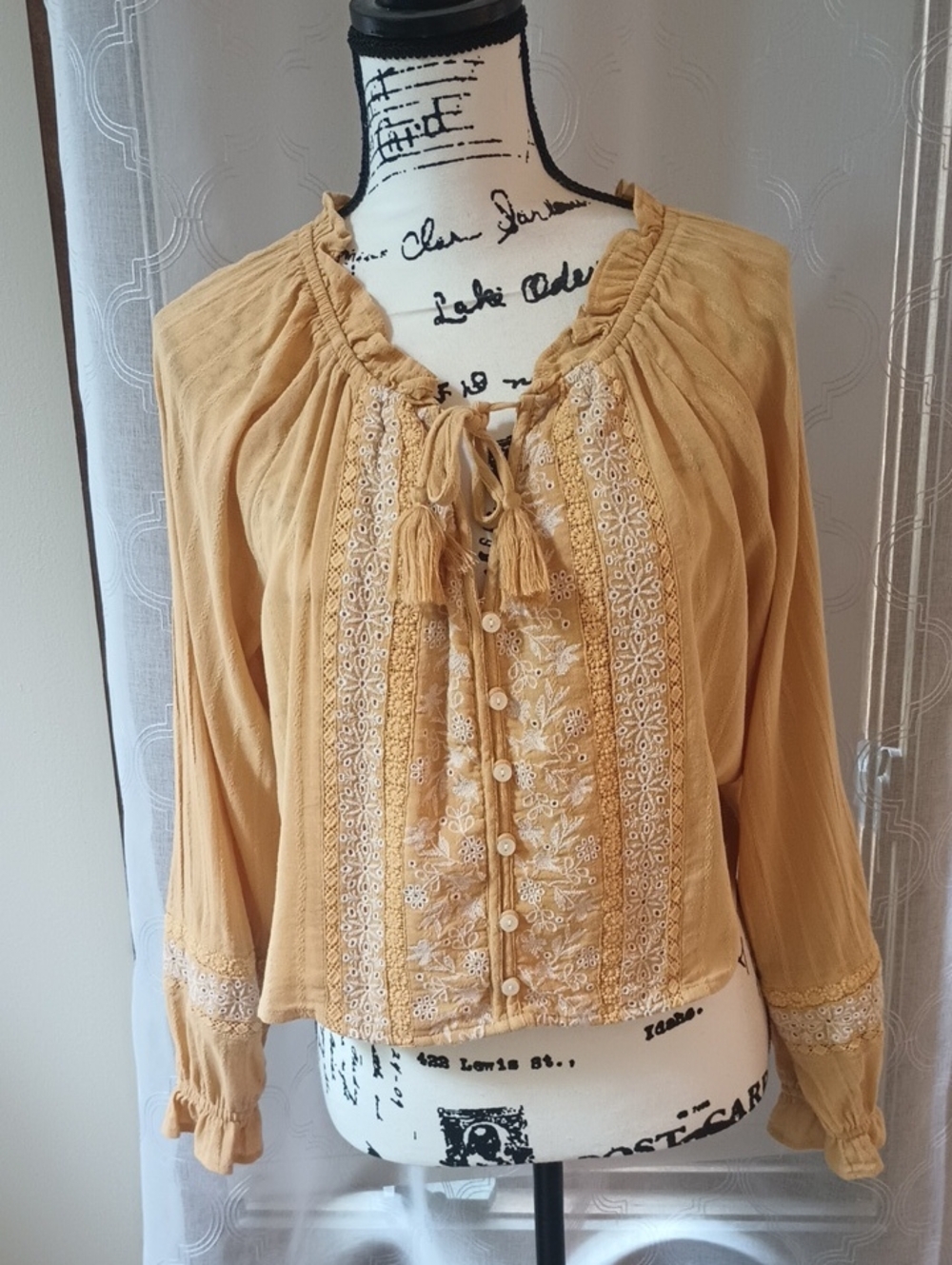 American Eagle Mustard Embroidered Peasant Blouse
